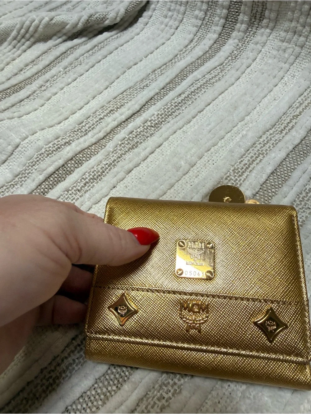 MCM Metallic Gold Saffiano Leather Compact Wallet with Charm